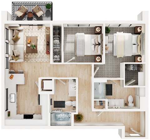 Floor plan for 2 beds, 2 baths, 913 sqft